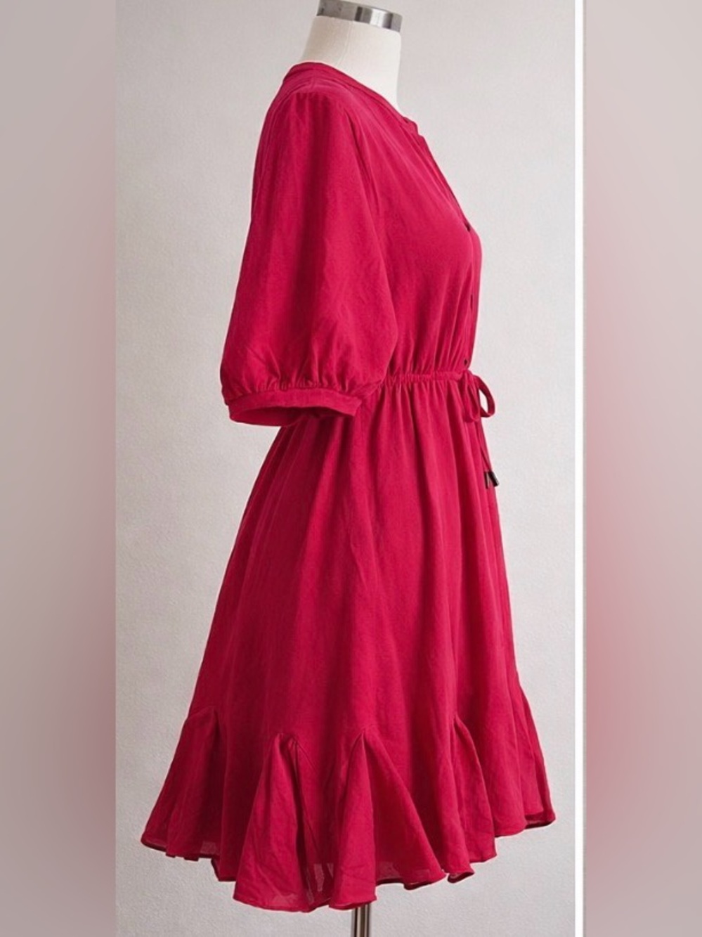 She + Sky Red Puff-Sleeve Dress with Drawstring Waist - Picture 5 of 7